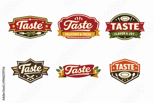 Food, restaurant, and cafe branding badges vector collection in vintage retro style with text taste and culinary elements