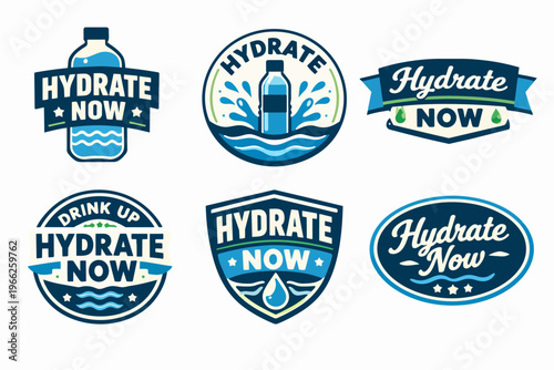 Hydration logos collection featuring fresh water bottles, splashing water, and text promoting healthy drinking habits