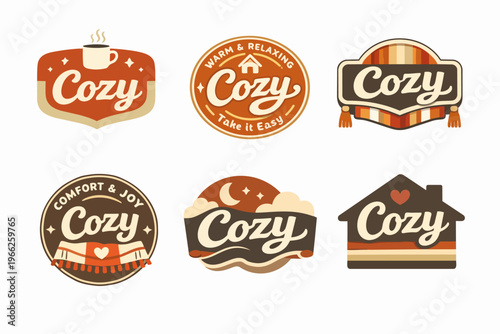 Cozy retro badges and logos featuring home, coffee, scarves, and comfort for warm autumn and winter themes