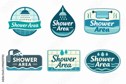 Shower area signs set with showerheads, water drops, and towels, vector collection for bathroom hygiene zones