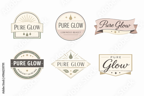 Elegant cosmetic brand logo collection for natural beauty and skincare products, featuring vintage style badges and labels