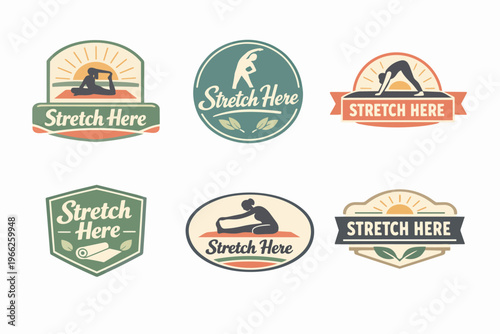 Set of vintage yoga and fitness emblems, featuring people stretching in various poses for health and wellness
