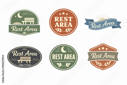 Rustic rest area badges and labels for travel, park, and roadside signage, providing a place to relax