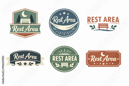 Collection of rest area labels, badges, and emblems for travel, outdoor recreation, or roadside stop locations