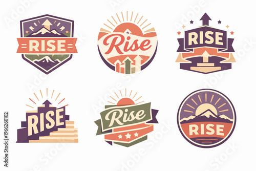 Collection of rise logo badges featuring mountains, sun, arrows, and text encouraging progress and motivation