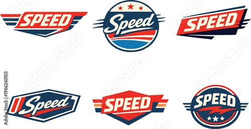 Speed racing automotive badges vector set with retro sport car emblems and fast motor club logos