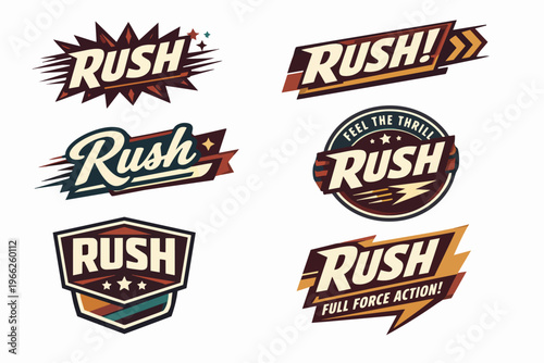Rush phrase emblems set. Vintage typography lettering labels in retro style, feeling the thrill and full force action