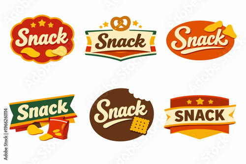 Collection of six diverse snack food emblems and logos in a flat, cartoon, and vintage style for branding