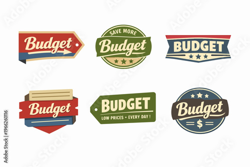 Budget vector labels collection offering retro savings and financial planning banners with vintage style elements