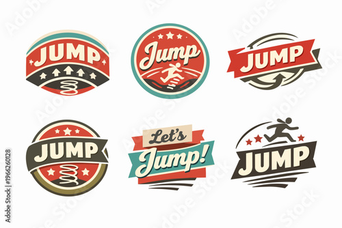 Set of vector logos and icons featuring a spring, running figure, and jump text, conveying action and play