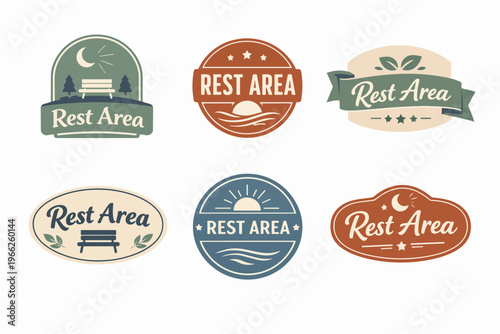 Vintage travel rest area signage collection with sunset, moon, plants, and park bench icons for road trip and outdoor recreation