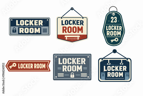Locker room signs and badges set, vintage style labels with key, lock, and typography for sports facilities