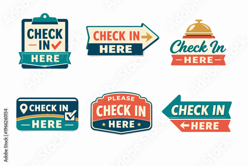 Check in here signs and labels, guiding guests to reception or registration. Ideal for hotels, events, and tourism arrivals