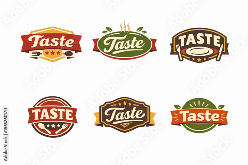 Vintage taste experience labels set featuring restaurant and food emblems for culinary business branding