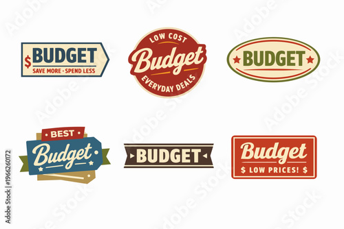 Budget labels collection offering discounts, low prices, and everyday deals for marketing and retail promotions