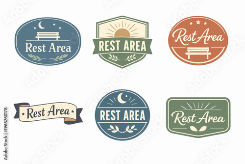 Vector collection illustrating vintage rest area logos, badges, and labels for travel, outdoor recreation, and adventure concepts