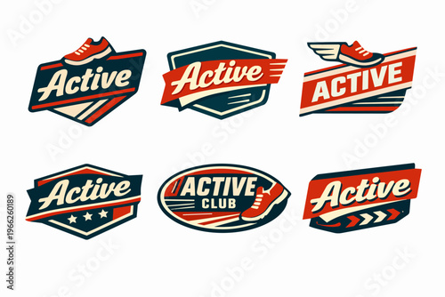 Vintage active fitness club badges set with running shoes, text, and retro sport emblems for activity promotion