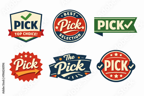Different pick selection badges and emblems representing best choice, top quality, and premium product assurance