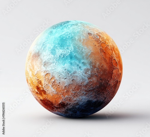 Abstract sphere with textured surface in blue and orange hues against a white background