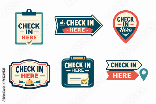 Check in here signs collection for hotel, travel, arrival, and registration concepts, guiding guests to reception