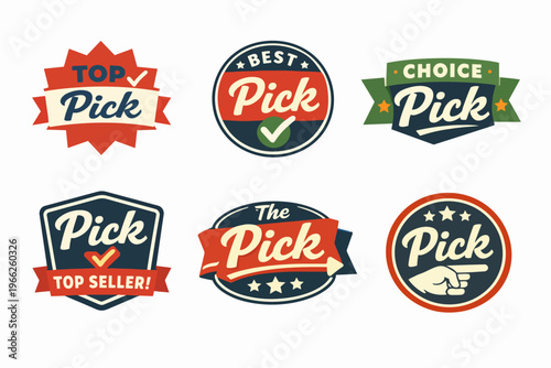 Collection of best pick, top seller, and recommended product quality badges, labels, and stickers