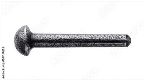 Close-up of a textured, antique iron nail with a rounded head and pointed tip