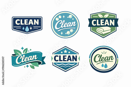 Set of six clean service badges and neat cleaning logos in different shapes capturing hygiene concepts