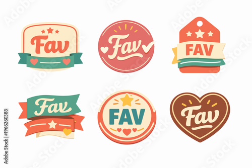 Six retro-style fav badges and stickers with diverse shapes, colors, and decorative elements like hearts, stars, and ribbons