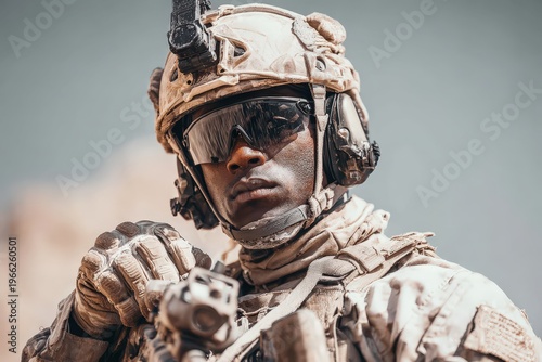 Close up portrait of armed soldier wearing tactical helmet and goggles in desert environment at sunset, military operation and defense concept.