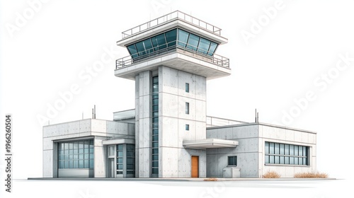 Modern airport control tower with concrete structure and glass observation deck