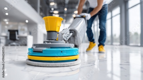 Professional floor polishing machine in action on a shiny marble floor in a modern office