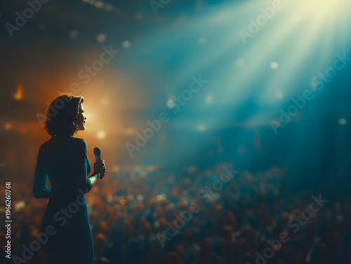 delivering keynote speech on stage with spotlig