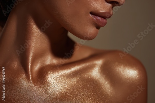 Close up side profile of a woman with smooth glowing skin and natural makeup, beauty and skincare concept highlighting texture and radiance.