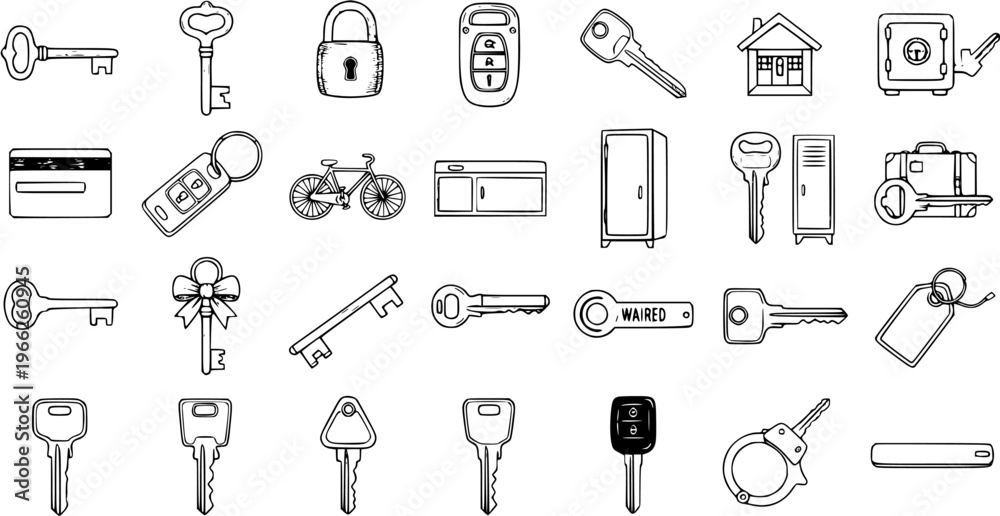 Fototapeta premium Collection of Hand-Drawn Key Icons: Doodle Vector Set