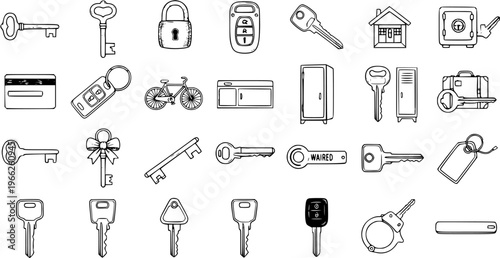 Collection of Hand-Drawn Key Icons: Doodle Vector Set