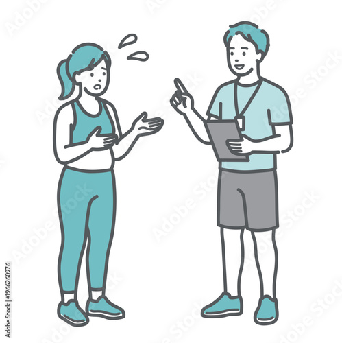 不安そうな表情で男性トレーナーに相談するぽっちゃり体型の女性のイラスト