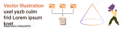 File organization, teamwork, digital workflows, data systems, problem solving, conceptual thinking. Visual includes documents, linked folders and a person holding a puzzle piece. File organization