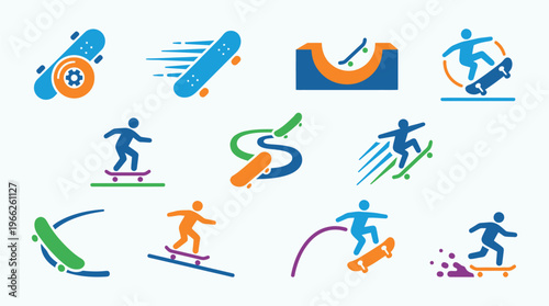 Collection of stylized icons representing various skateboarding activities and elements, including tricks, ramps, and motion.