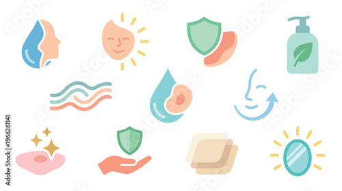 Collection of flat design icons representing skincare, beauty, and health benefits for skin.