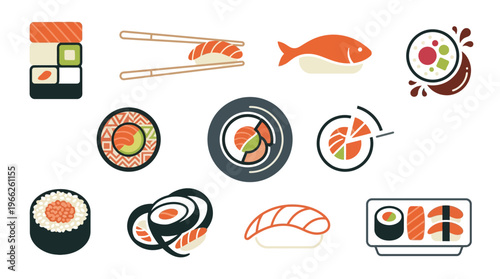 A vibrant collection of Japanese sushi and sashimi illustrations, showcasing various rolls, nigiri, and fish.
