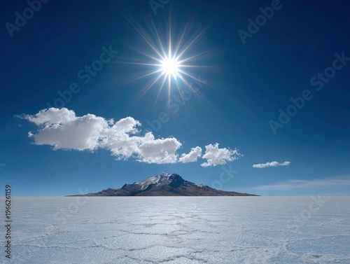 Sun shining over mountain island landscape.