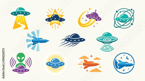 Collection of stylized icons and illustrations depicting various flying saucers, UFOs, and alien spacecraft in different designs and colors.