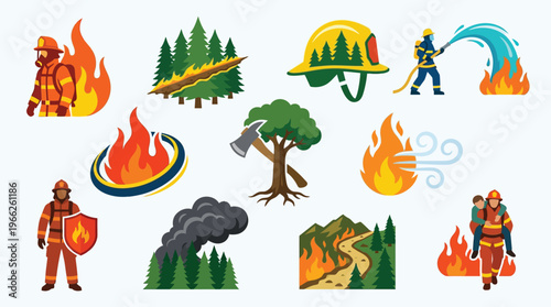 Collection of illustrations depicting various aspects of firefighting and forest fire prevention, including firefighters, flames, smoke, and natural landscapes.
