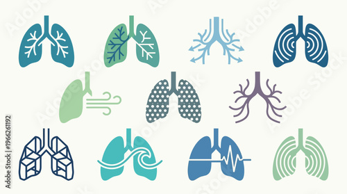 Collection of stylized icons representing lungs and respiratory system functions, illustrating breathing and health.