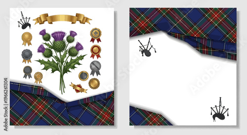 Vintage-style National Tartan Day event banner featuring a thistle illustration and bagpipe silhouettes, framed with a traditional tartan pattern in Scottish colors, creating a festive