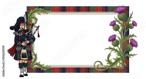 A vintage-style National Tartan Day celebration poster features a bagpiper illustration and thistle ornament with Scottish color accents, framed by a tartan pattern in a festive