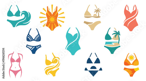 A vibrant collection of stylized swimwear illustrations, featuring bikinis and one-piece swimsuits with tropical and abstract designs.
