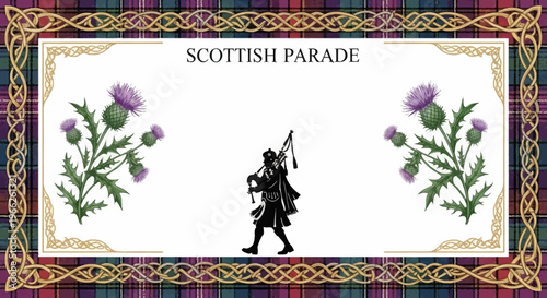 A vintage-style Scottish heritage day banner features a bagpipe silhouette and thistle illustrations set against a tartan frame, conveying a celebratory mood with traditional Scottish