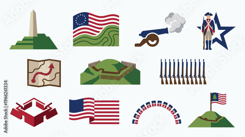 Collection of American Revolutionary War and patriotic symbols, including flags, monuments, forts, soldiers, and cannons.