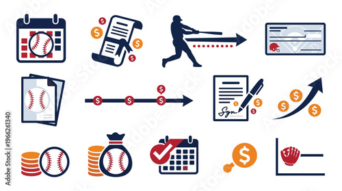Collection of baseball-themed icons representing financial transactions, contracts, and game schedules.